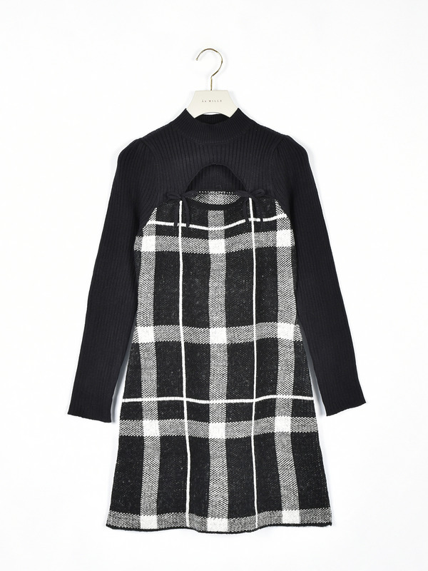 フロントオープンチェクニットワンピース 詳細画像 ブラック 16