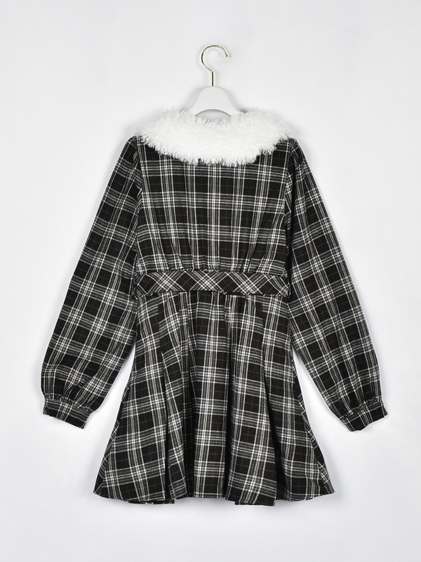ファー襟付きチェックミニワンピース 詳細画像 ブラック 16