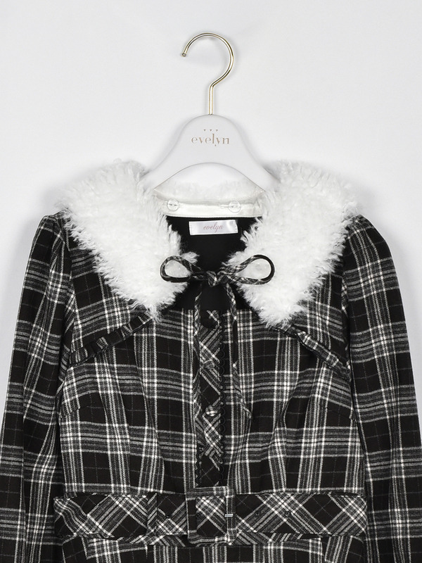 ファー襟付きチェックミニワンピース 詳細画像 ブラック 16