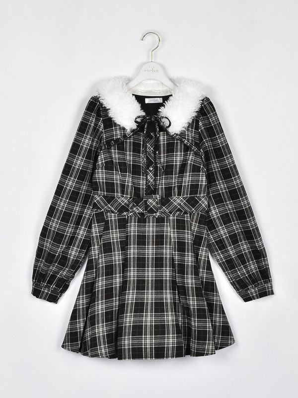 ファー襟付きチェックミニワンピース 詳細画像 ブラック 1