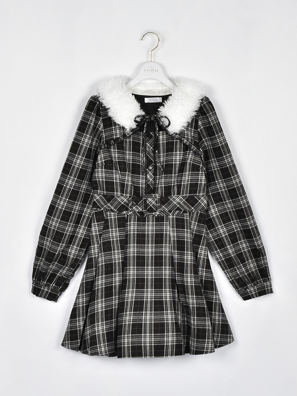 evelyn 千鳥柄　ミニワンピース ファー襟付きチェックミニワンピース｜evelyn（エブリン）公式通販サイト
