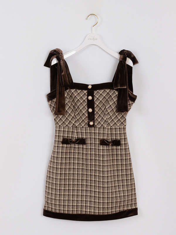 リボンベロアチェックワンピース 詳細画像 ブラウン 1
