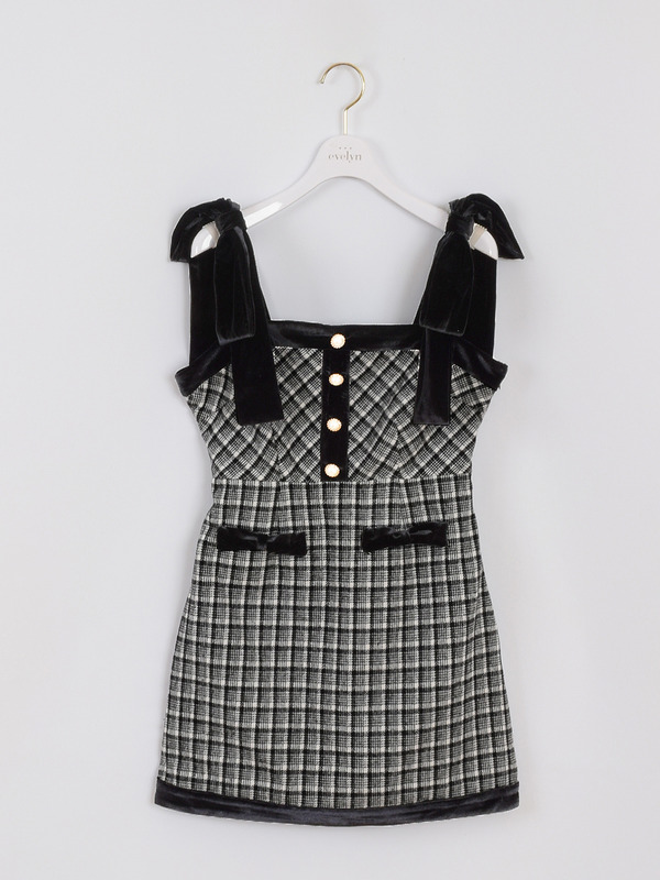 リボンベロアチェックワンピース 詳細画像 ブラック 1