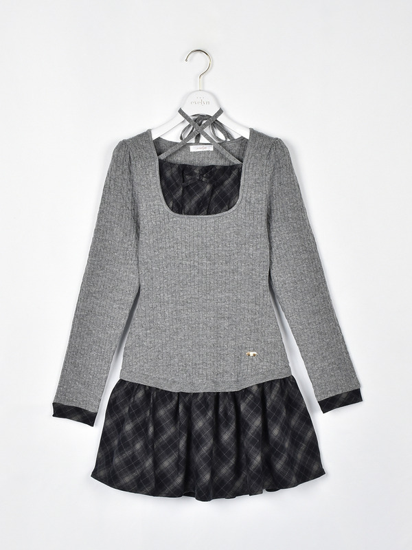 チェックドッキングニットワンピース 詳細画像 グレイ 1