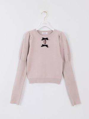 パフ袖ダブルリボンニット