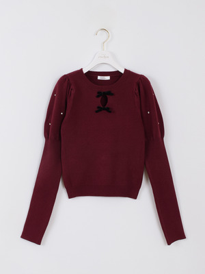 パフ袖ダブルリボンニット