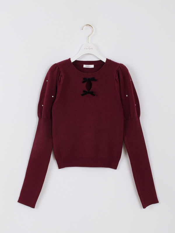 パフ袖ダブルリボンニット 詳細画像 ワイン 1