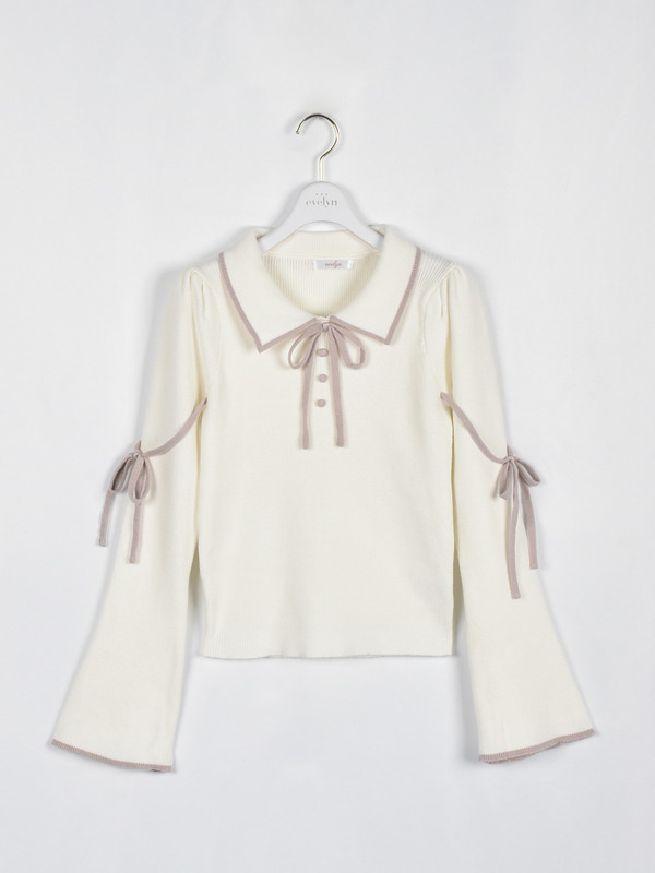 ベルスリーブバイカラーニット 詳細画像 オフホワイトピンク 1