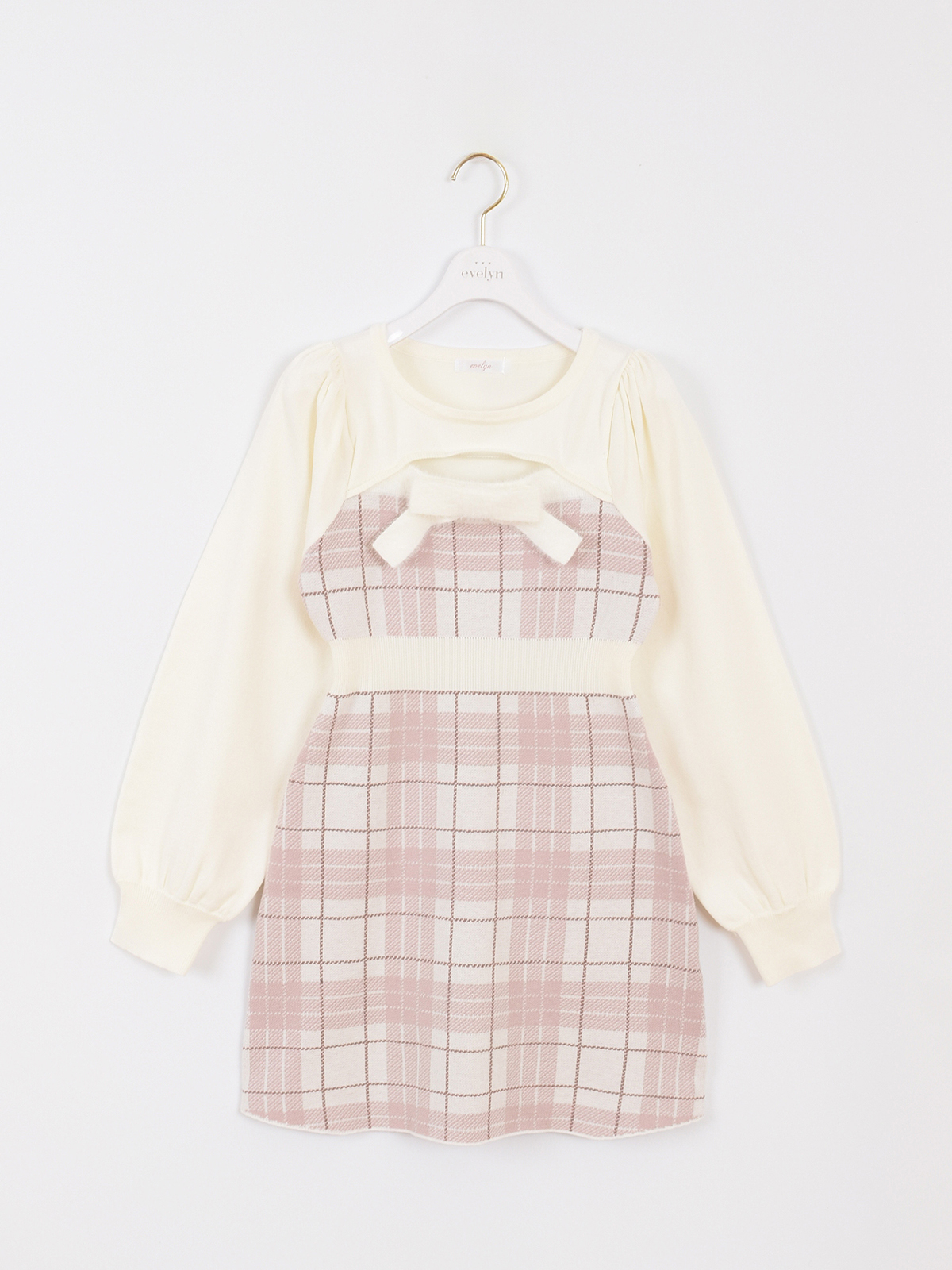 evelyn バストリボンチェックニットOP ピンク バストリボンチェックニットワンピース｜evelyn（エブリン）公式