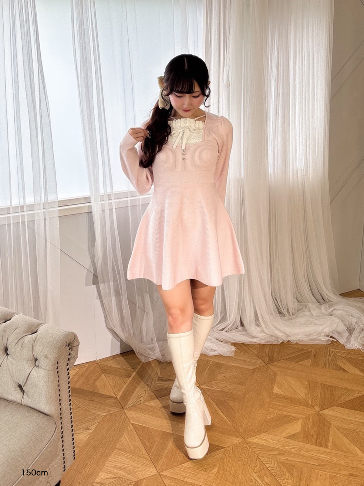 【美品】エムミーエメ アンサンブルリボンニットワンピース ピンク 美品】エムミーエメ アンサンブルリボンニットワンピース ピンク