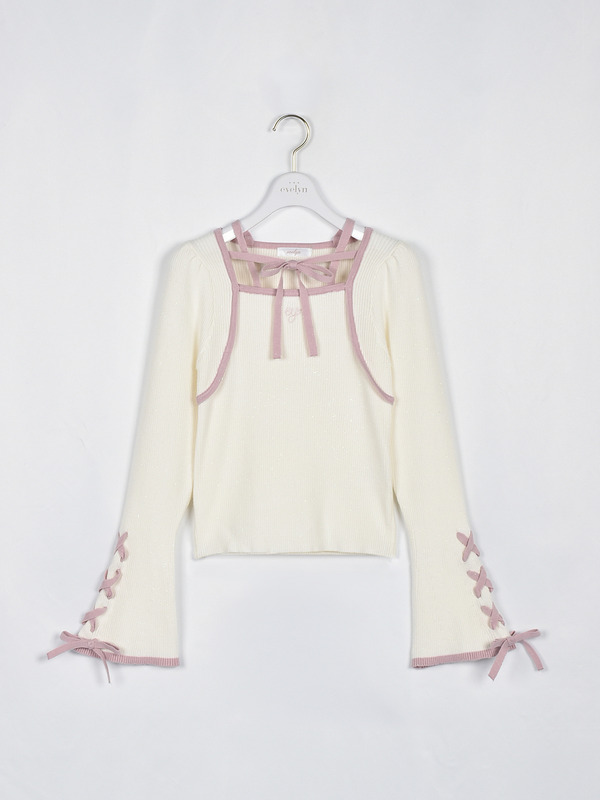 袖レースアップニット 詳細画像 オフホワイトピンク 1