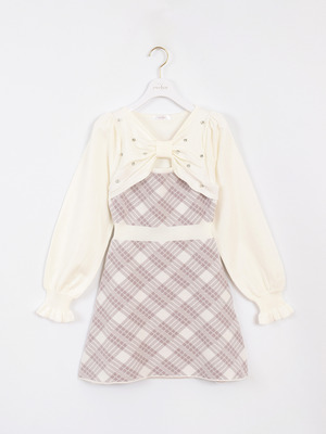 長袖チェックリボンニット