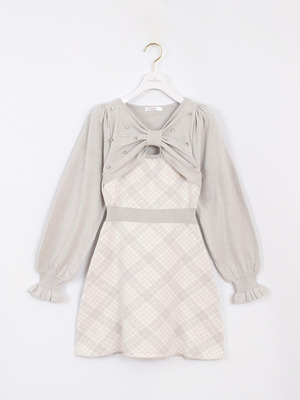 長袖チェックリボンニット