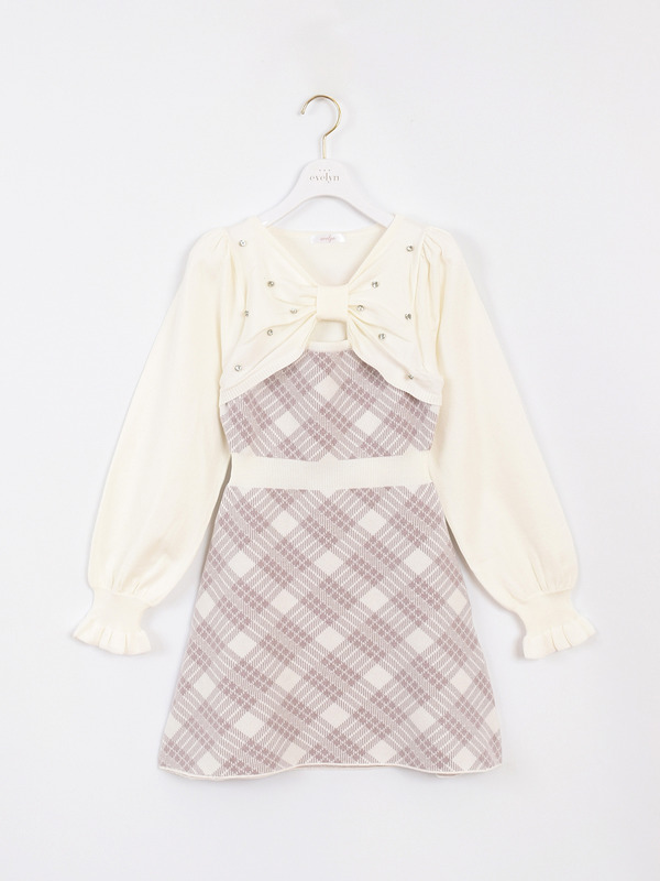 長袖チェックリボンニット 詳細画像 ピンク 1