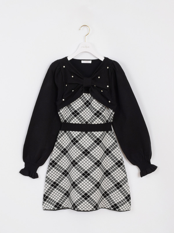 長袖チェックリボンニット 詳細画像 ブラック 1