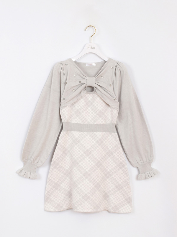 長袖チェックリボンニット 詳細画像 アイスグレイ 1