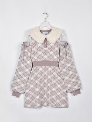 ファー襟チェックニットワンピース