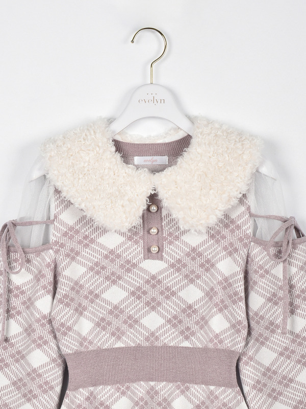 ファー襟チェックニットワンピース 詳細画像 ブラック 11