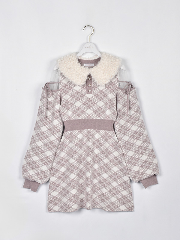 ファー襟チェックニットワンピース 詳細画像 ピンク 1