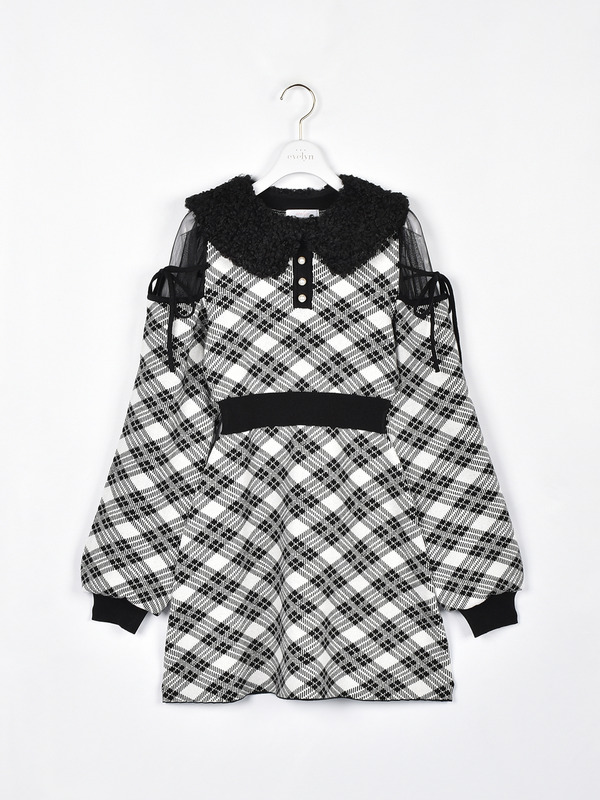 ファー襟チェックニットワンピース 詳細画像 ブラック 1