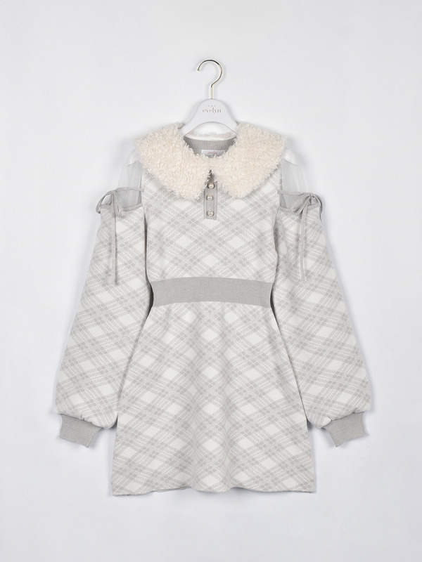 ファー襟チェックニットワンピース 詳細画像 アイスグレイ 1