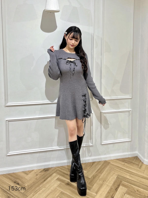 お年玉チェック編み上げワンピース 詳細画像 チャコール 1