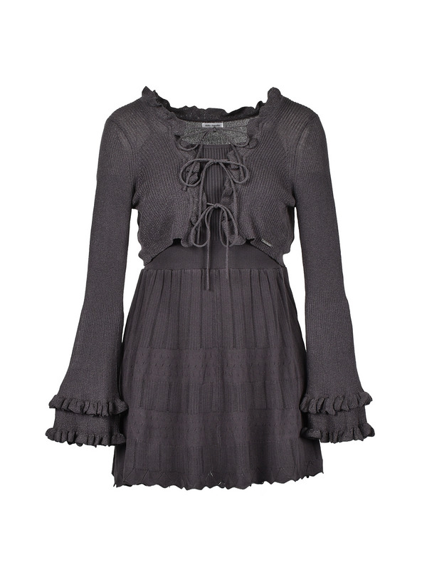 Ribbon Ruffle Knit Cardigan Onepiece 詳細画像 チャコール 1