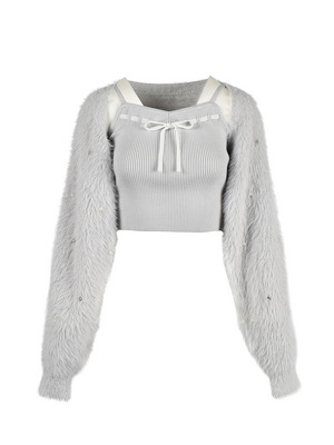 Sleeve Beaded Shaggy Bolero Set