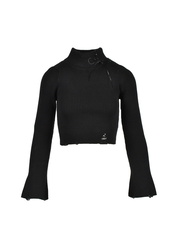 Leather Ribbon Damage Rib Knit 詳細画像 ブラック 1