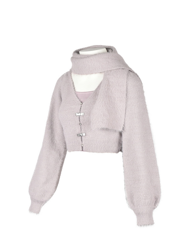 Shaggy Scarf Cardigan Set 詳細画像 ブラック 16