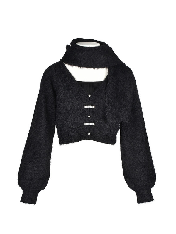 Shaggy Scarf Cardigan Set 詳細画像 ブラック 1