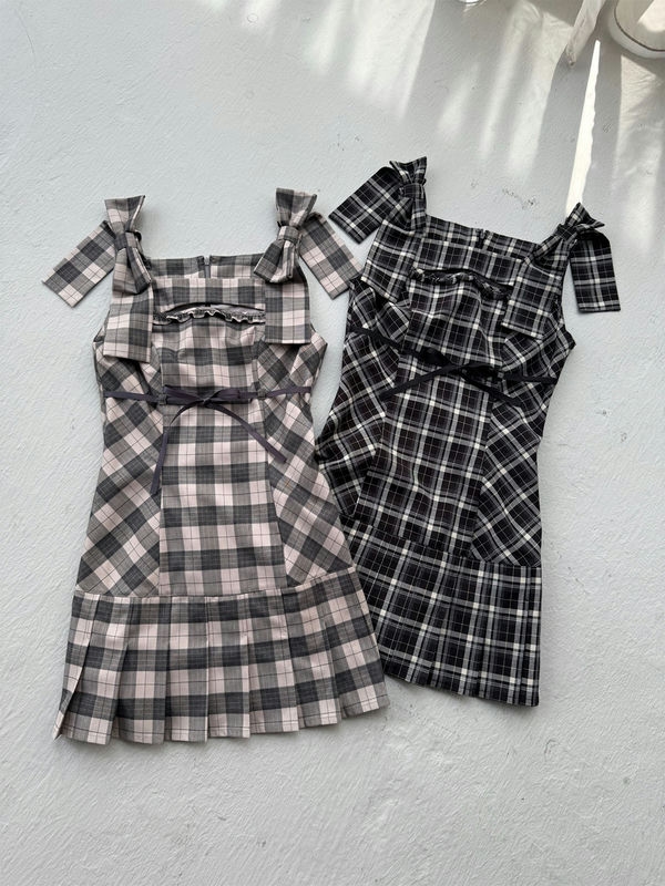Shoulder Ribbon Check Onepiece 詳細画像 ブラック 11