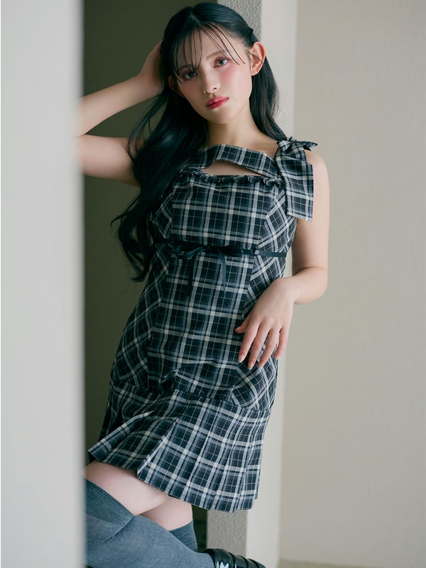 リリーエミュリ Shoulder Ribbon Check Onepiece Shoulder Ribbon Check Onepiece｜Rilly emulie