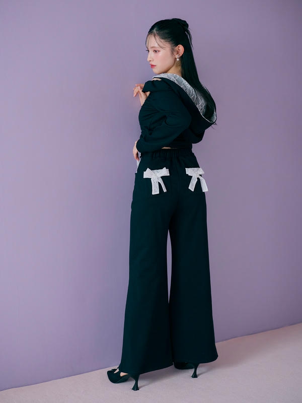 Off-Shoulder Lace Sweat  Pants Set 詳細画像 ブラック 11
