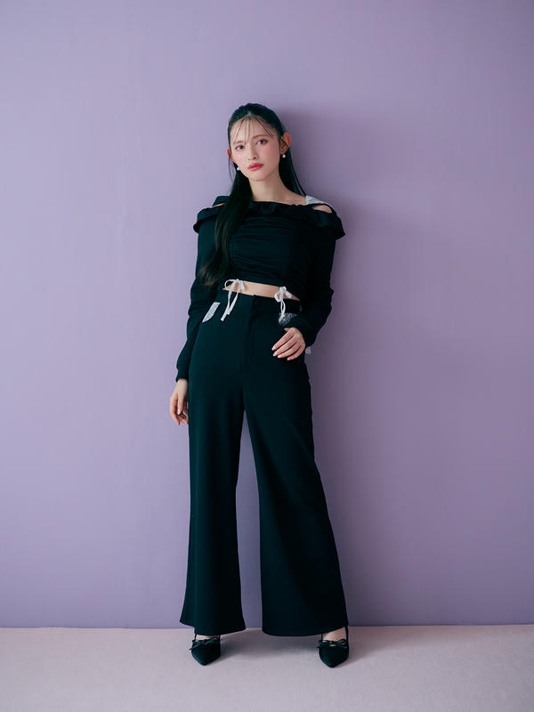 Off-Shoulder Lace Sweat  Pants Set 詳細画像 ブラック 11