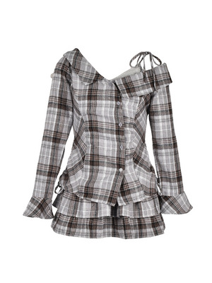 One-Shoulder Check Shirt Set
