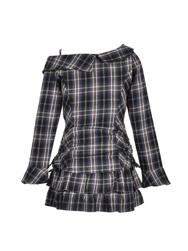 One-Shoulder Check Shirt Set 詳細画像 ブラック 11