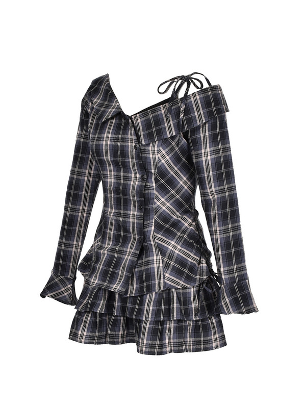 One-Shoulder Check Shirt Set 詳細画像 ブラック 11