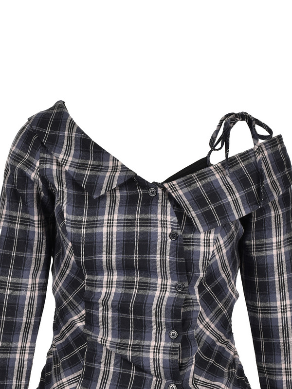 One-Shoulder Check Shirt Set 詳細画像 ブラック 11