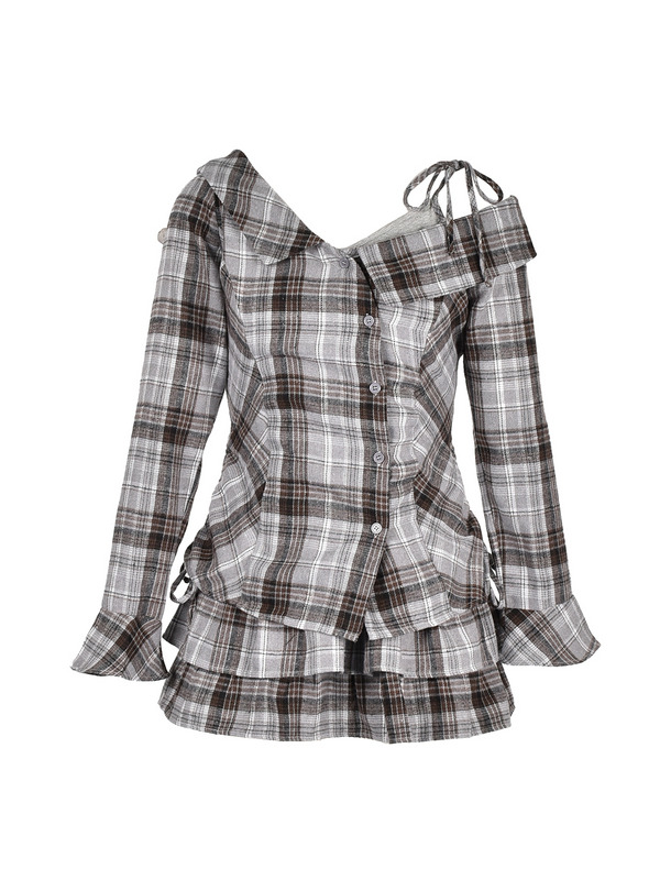 One-Shoulder Check Shirt Set 詳細画像 グレイ 1