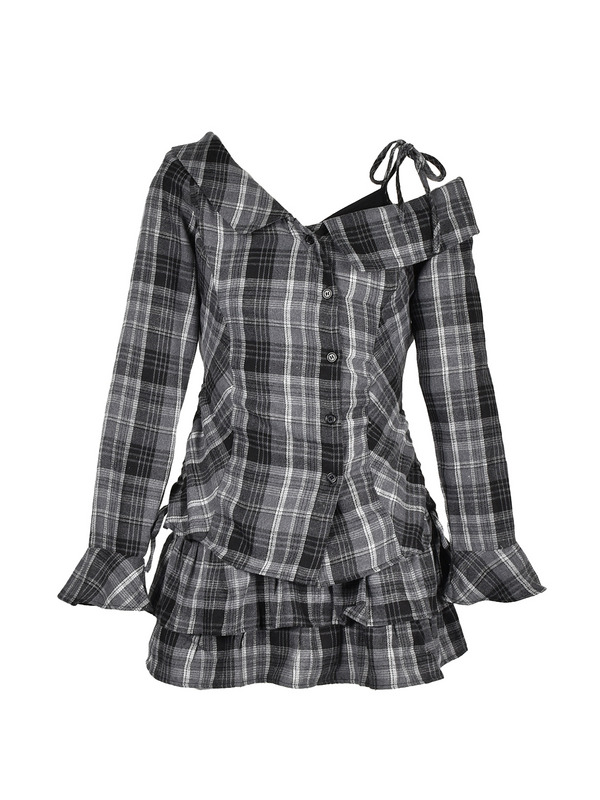 One-Shoulder Check Shirt Set 詳細画像 ブラック 1