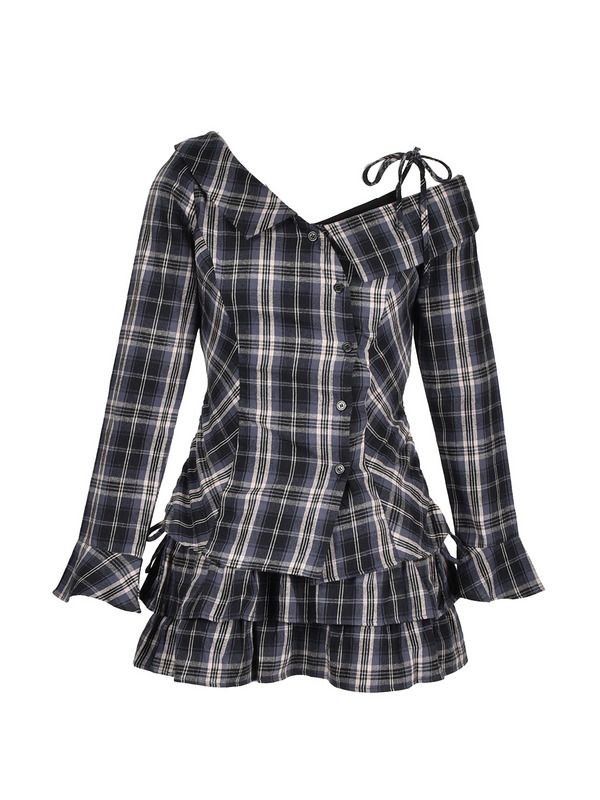 One-Shoulder Check Shirt Set 詳細画像 ネイビー 1
