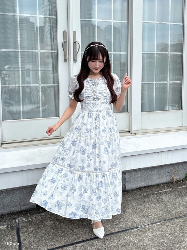 花柄ギャザーロングOP 詳細画像 ブルー 1