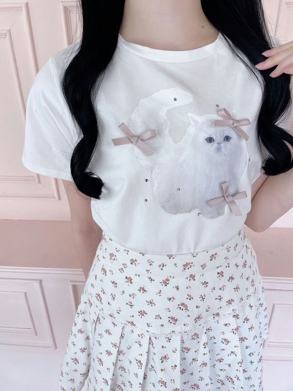 猫ちゃんリボンTシャツ 詳細画像 オフホワイトブラック 1