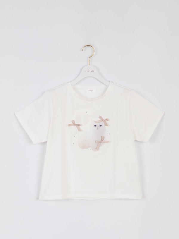 猫ちゃんリボンTシャツ 詳細画像 オフホワイトブラック 1
