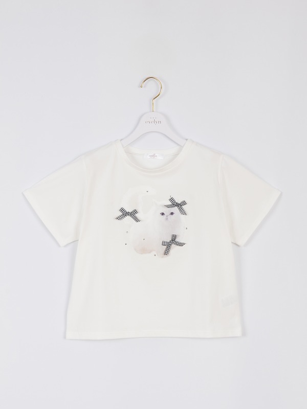 猫ちゃんリボンTシャツ 詳細画像 オフホワイトブラック 1