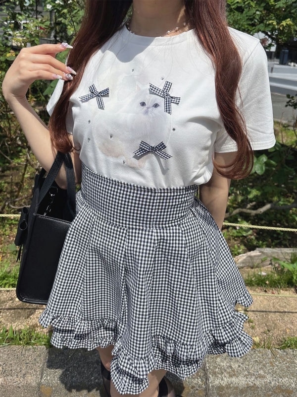 猫ちゃんリボンTシャツ 詳細画像 オフホワイトブラック 1