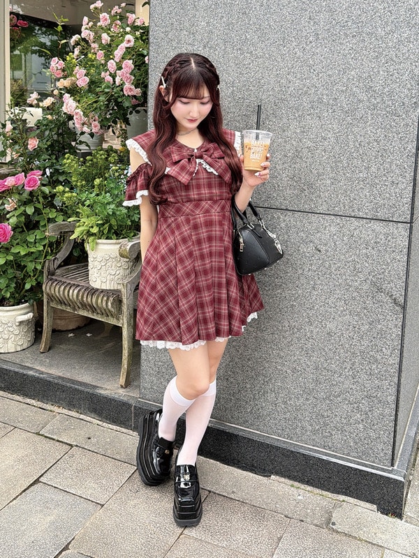 チェックリボン大襟ワンピース 詳細画像 ワイン 1
