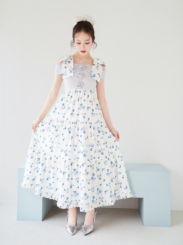 Shoulder Ribbon Flower Knit Onepiece 詳細画像 ピンク 16
