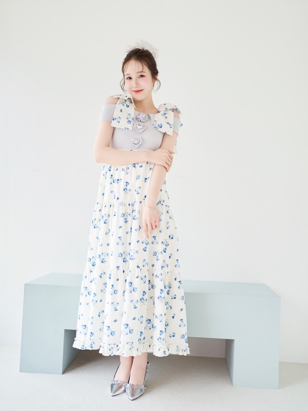 Shoulder Ribbon Flower Knit Onepiece 詳細画像 ピンク 16